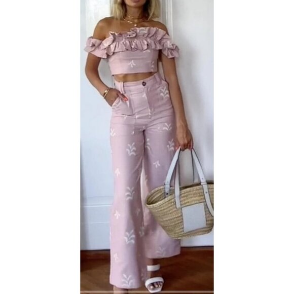 New Zara Pink Linen Blend Floral Embroidered High Rise Wide Leg Boho Pants - Picture 2 of 11